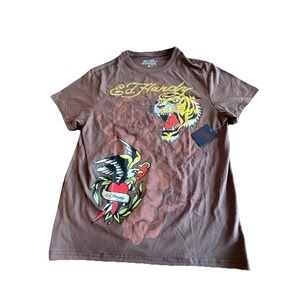 Ed Hardy T Shirt Mens Medium M Brown Cocoa Tiger Eagle Tattoo Y2K Oldschool NWT